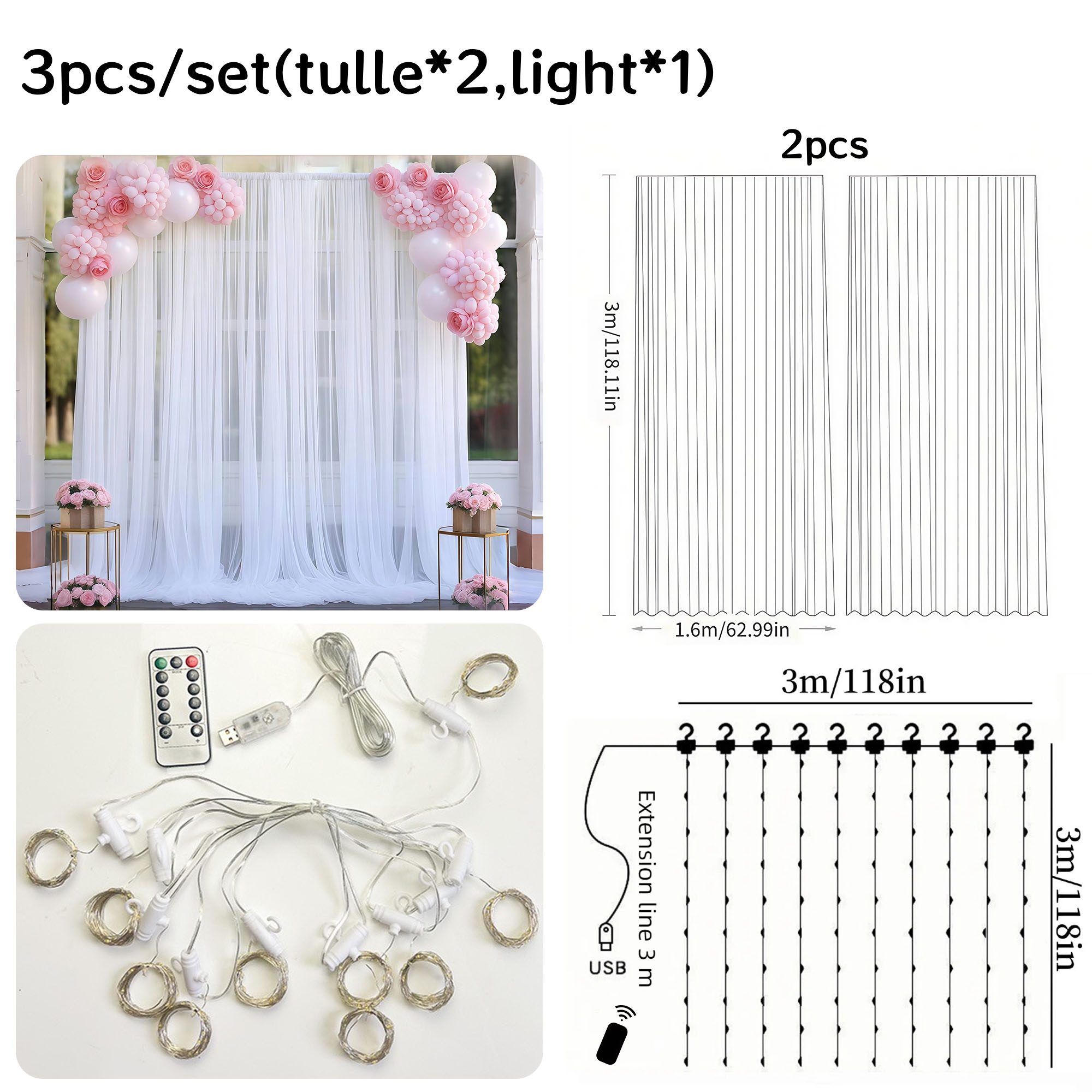 3pcs/set Tulle Backdrop Curtai - Photography Lighting Options บทวิจารณ์และราคา